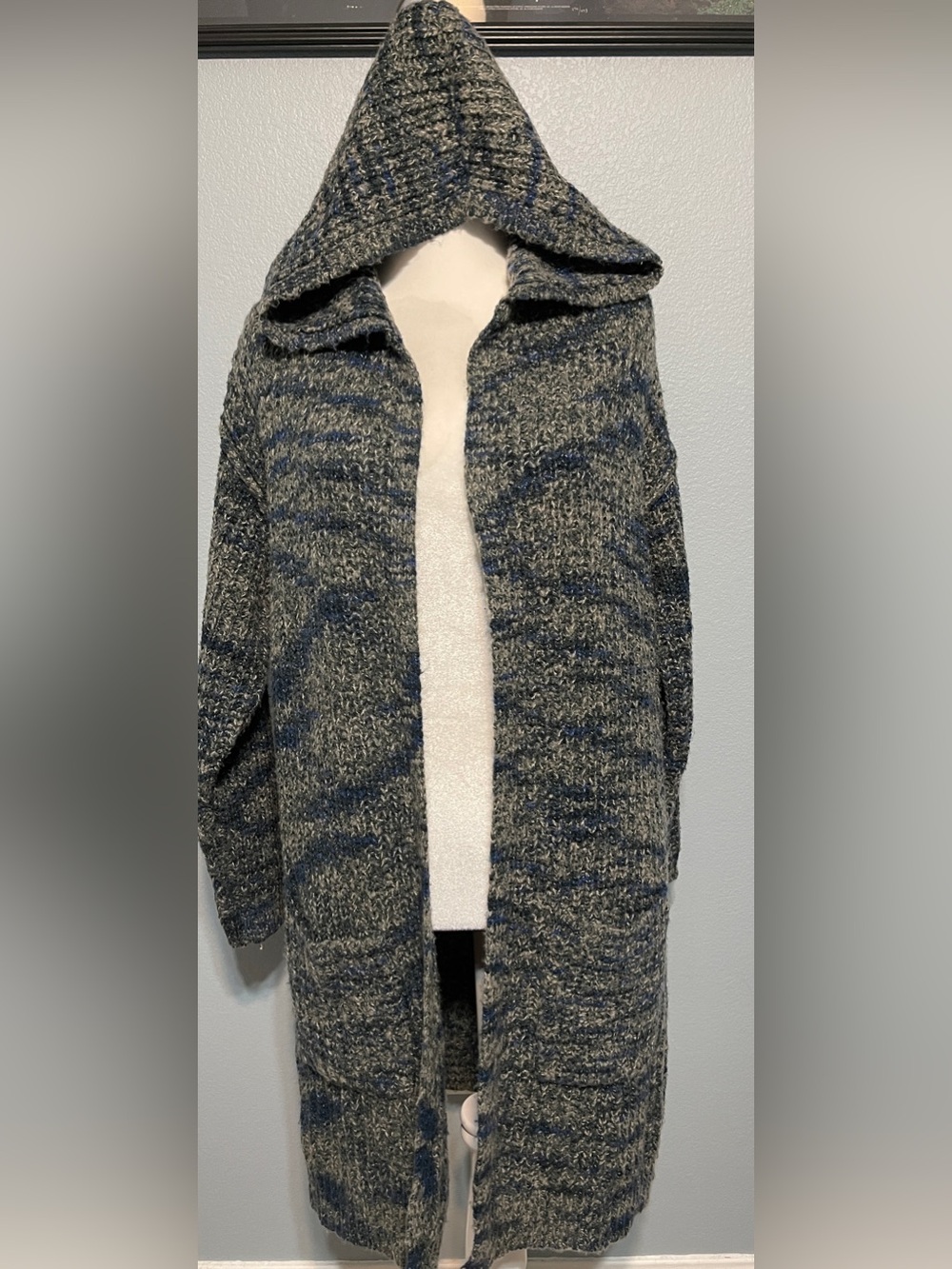 Sundance Hooded Long Cardigan Sweater Duster Blue Gray Marled Knit Wool Blend S